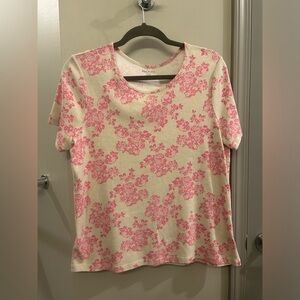 White Stag Short Sleeve Top Women’s XL Beige Pink Flowers Floral Scoop Neck